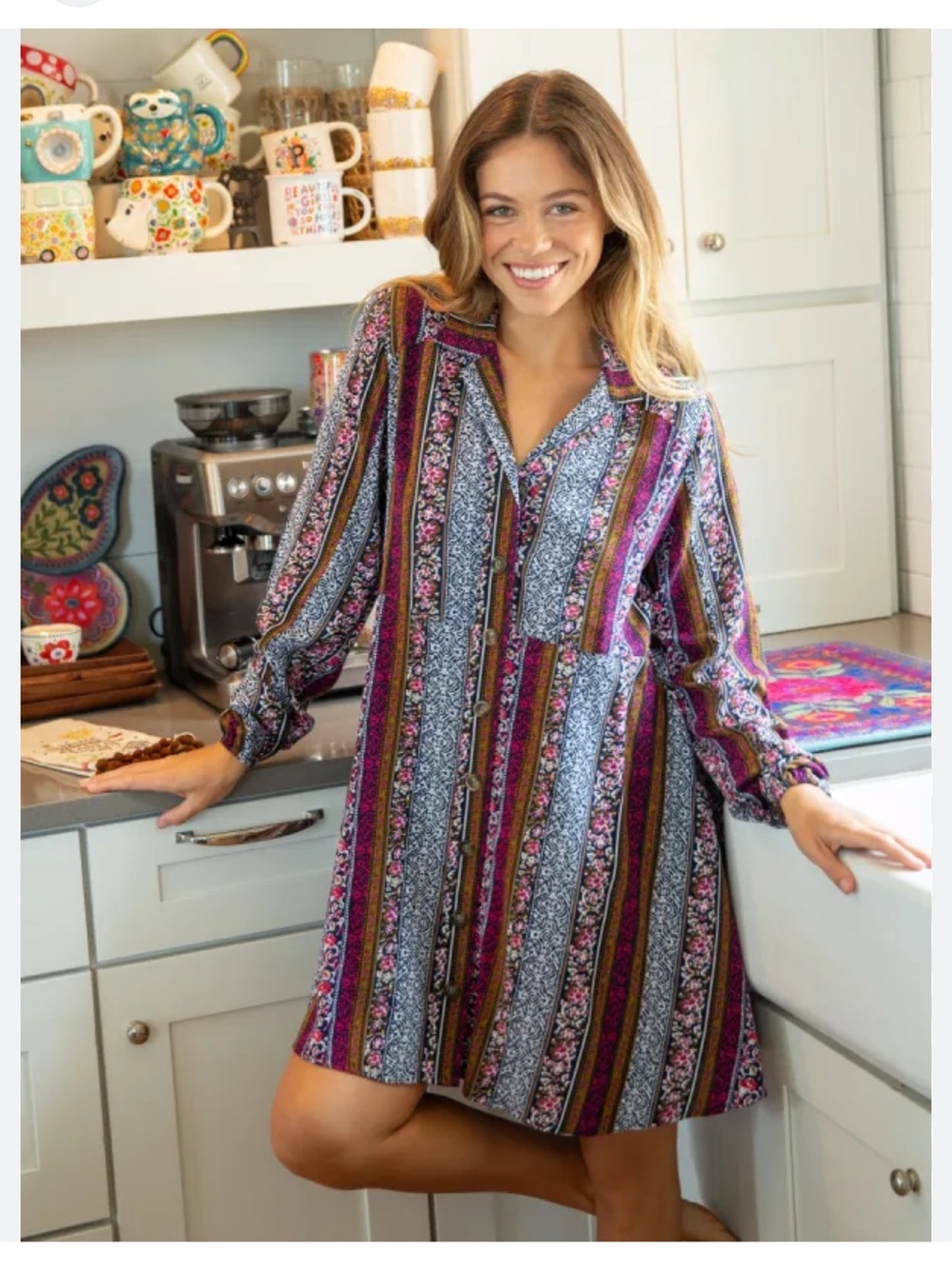 Natural Life Ashley Button Front Boho Striped Shirt Dress